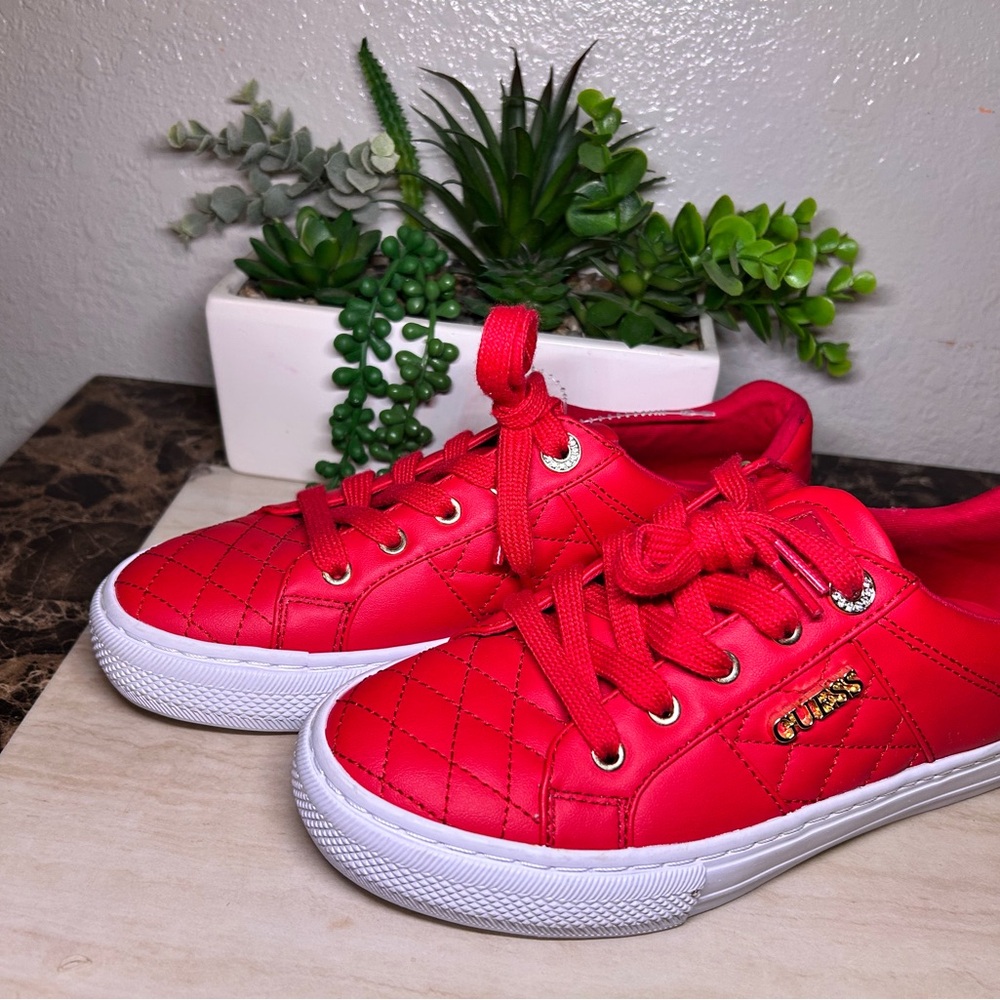 GUESS Kids' Quilted Red Lace-Up Sneakers with Gold Logo